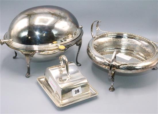 Plated breakfast revolving dish. art nouveau 3 handled bowl and a cheese dish and cover